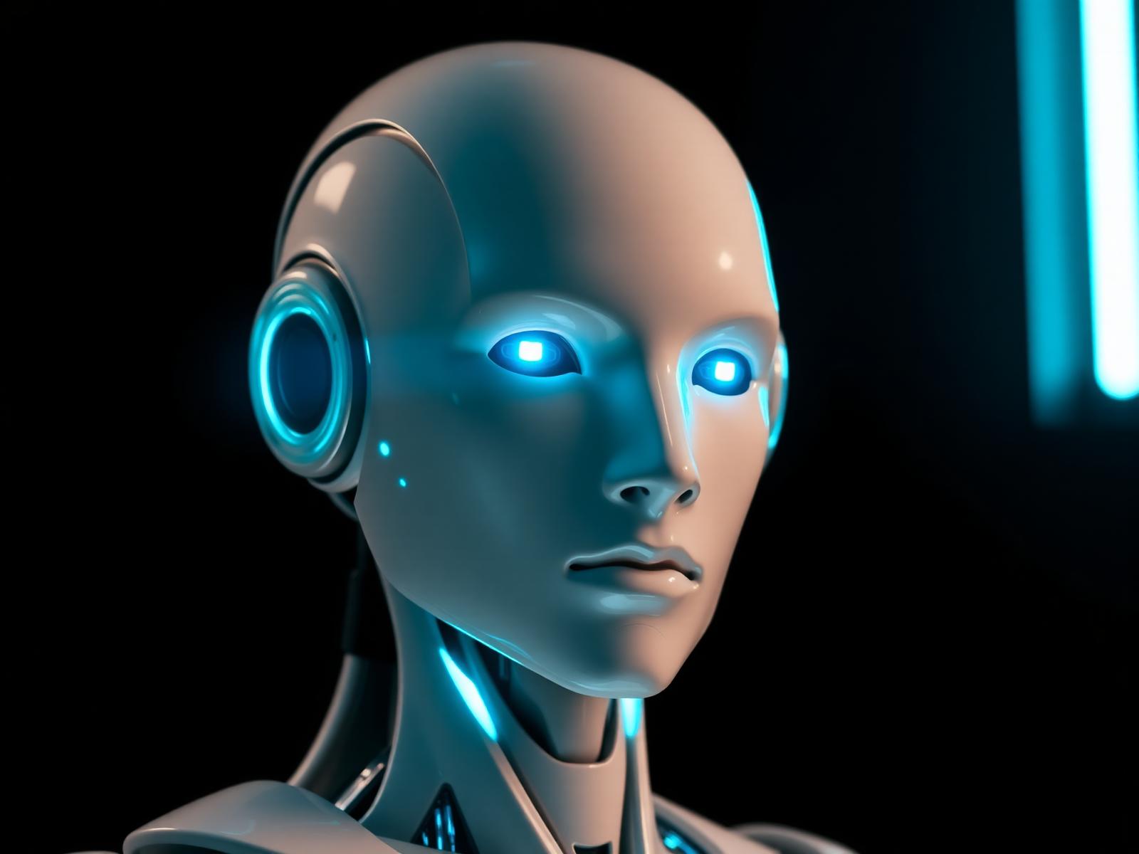 Humanoid z podświetlonymi cyan sensorami wzrokowymi
