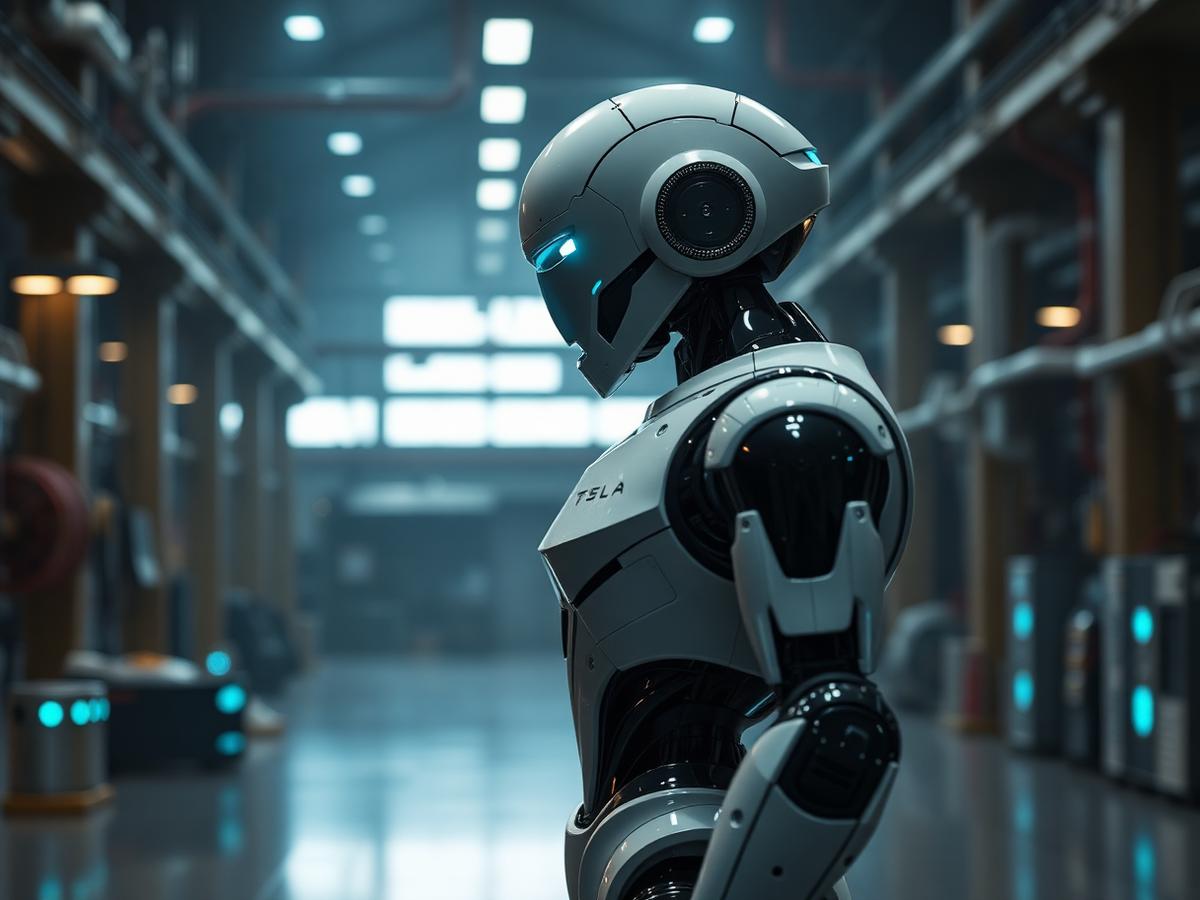 Tesla Optimus Gen 2 na tle wykresu rosnącej krzywej rynku humanoidów 2025–2030